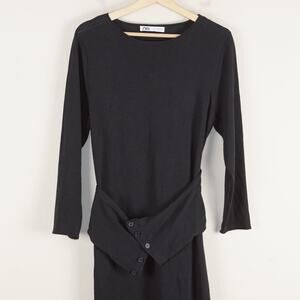 Zara Black Sash Waist Midi Linen Blend Knit Midi Dress Womens Sz M